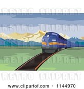 Vector Clip Art of Retro Blue Train in a Valley by Patrimonio