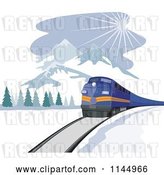 Vector Clip Art of Retro Blue Train near Mountains by Patrimonio