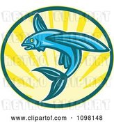 Vector Clip Art of Retro Blue Woodcut Flying Fish Jumping over Sunshine by Patrimonio