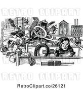 Vector Clip Art of Retro Boy and Car Accident in a Building by Prawny Vintage