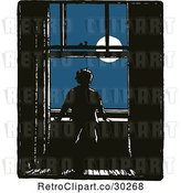 Vector Clip Art of Retro Boy Gazing at the Moon Through a Window by Prawny Vintage