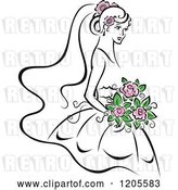Vector Clip Art of Retro Bride with Pink Flowers by Vector Tradition SM