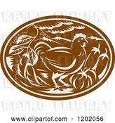 Vector Clip Art of Retro Brown Woodcut Chicken Oval with Vegetables by Patrimonio