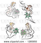 Vector Clip Art of Retro Brunette and Blond White Brides with Bouquets of Pink Flowers by Vector Tradition SM