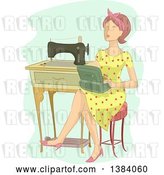 Vector Clip Art of Retro Brunette White Lady Sitting with a Box by a Sewing Machine by BNP Design Studio
