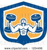 Vector Clip Art of Retro Buff Bodybuilder Lifting Heavy Weights in a Blue and Yellow Shield by Patrimonio