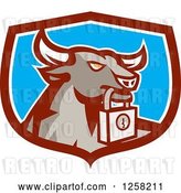 Vector Clip Art of Retro Bull with a Padlock in a Maroon White and Blue Shield by Patrimonio