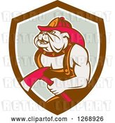 Vector Clip Art of Retro Bulldog Firefighter Holding an Axe in a Brown White and Gray Shield by Patrimonio