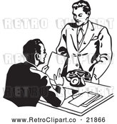 Vector Clip Art of Retro Businessman Discussing a Resume with an Applicant by BestVector