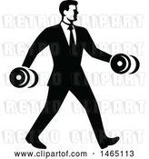 Vector Clip Art of Retro Businessman in a Suit, Power Walking and Carrying Dumbbells, in Style by Patrimonio
