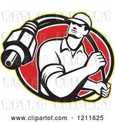 Vector Clip Art of Retro Cable Tv Guy with a Coaxial Cable over a Red Oval by Patrimonio