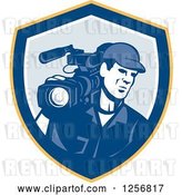 Vector Clip Art of Retro Cameraman Filming in a Yellow Blue and White Shield by Patrimonio