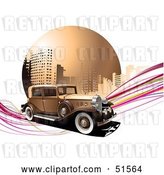 Vector Clip Art of Retro Car on Pink Waves in Front of an Urban Circle by