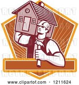 Vector Clip Art of Retro Carpenter Guy Carrying a House on His Shoulder over a Shield and Text Bar by Patrimonio