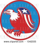Vector Clip Art of Retro Cartoon American Bald Eagle with a Patriotic Wing in a Red Blue and White Circle by Patrimonio