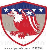Vector Clip Art of Retro Cartoon American Bald Eagle with a Patriotic Wing in a Red Tan Blue and White Shield by Patrimonio