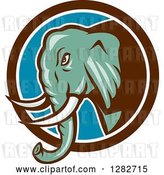 Vector Clip Art of Retro Cartoon Angry Turquoise Elephant in a Brown White and Blue Circle by Patrimonio