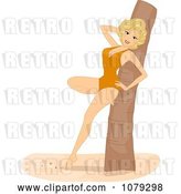 Vector Clip Art of Retro Cartoon Blond Pinup Lady in a Swimsuit Leaning Against a Tree by BNP Design Studio