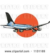 Vector Clip Art of Retro Cartoon Blue Commercial Airliner Plane Against the Sunset by Patrimonio