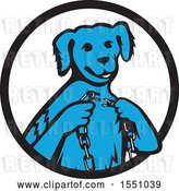 Vector Clip Art of Retro Cartoon Blue Dog Sitting with a Broken Chain in Hands Inside a Circle by Patrimonio