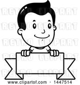 Vector Clip Art of Retro Cartoon Boy Smiling over a Blank Ribbon Banner by Cory Thoman