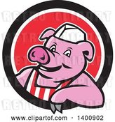 Vector Clip Art of Retro Cartoon Butcher Pig Leaning out of a Black White and Red Circle by Patrimonio