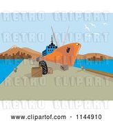 Vector Clip Art of Retro Cartoon Cargo Ship at Dock by Patrimonio