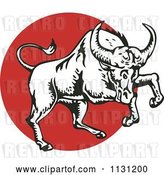 Vector Clip Art of Retro Cartoon Charging Bull in over a Red Circle by Patrimonio