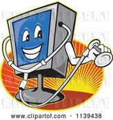 Vector Clip Art of Retro Cartoon Computer Monitor Mascot Holding a Diagnostics Stethoscope over Rays by Patrimonio