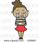 Vector Clip Art of Retro Cartoon Crying Lady with Stack of Books by Lineartestpilot