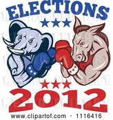 Vector Clip Art of Retro Cartoon Democratic Donkey and Republican Elephant Boxing with Elections 2012 Text by Patrimonio
