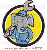 Vector Clip Art of Retro Cartoon Elephant Guy Mechanic Holding a Giant Spanner Wrench, Emerging from a Black White and Yellow Circle by Patrimonio