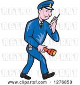 Vector Clip Art of Retro Cartoon Full Length Police Guy Talking on a Walkie Talkie and Holding a Flashlight by Patrimonio