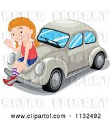 Vector Clip Art of Retro Cartoon Girl Waving and Sitting on a Beige Slug Bug Car by