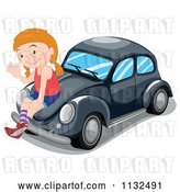 Vector Clip Art of Retro Cartoon Girl Waving and Sitting on a Black Slug Bug Car by