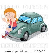 Vector Clip Art of Retro Cartoon Girl Waving and Sitting on a Green Slug Bug Car by