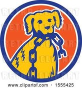 Vector Clip Art of Retro Cartoon Golden Retriever Dog Sitting with a Broken Chain in His Mouth Inside a Circle by Patrimonio