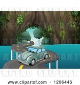 Vector Clip Art of Retro Cartoon Green Vw Bug Cat on a Curvy Road over Water by