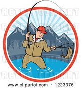 Vector Clip Art of Retro Cartoon Guy Fly Fishing in a Mountainous Lake Circle by Patrimonio