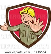 Vector Clip Art of Retro Cartoon Happy Male Builder Presenting and Gesturing to Stop in a Brown White and Pink Shield by Patrimonio