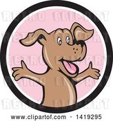 Vector Clip Art of Retro Cartoon Happy Puppy Dog Ohlding His Arms out in a Black White and Pink Circle by Patrimonio