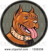 Vector Clip Art of Retro Cartoon Happy Woodcut Brown Pitbull Dog Panting in a Circle by Patrimonio