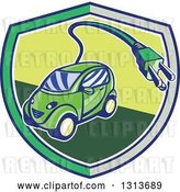 Vector Clip Art of Retro Cartoon Hybrid Electric Car with a Plug in a Gray and Green Shield by Patrimonio