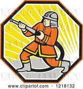 Vector Clip Art of Retro Cartoon Japanese Firefighter with a Hose in a Hexagon of Sunshine by Patrimonio