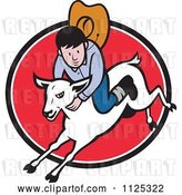 Vector Clip Art of Retro Cartoon Junior Rodeo Cowboy on a Sheep over a Red Oval by Patrimonio