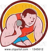 Vector Clip Art of Retro Cartoon Male Athlete Throwing a Shotput in a Brown White and Yellow Circle by Patrimonio