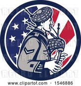 Vector Clip Art of Retro Cartoon Male Bagpiper in an American Flag Circle by Patrimonio