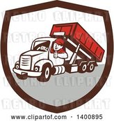 Vector Clip Art of Retro Cartoon Male Dump Truck Driver Giving a Thumb up in a Brown White and Gray Shield by Patrimonio