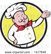 Vector Clip Art of Retro Cartoon Male French Chef Presenting in a Black White and Yellow Circle by Patrimonio