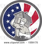 Vector Clip Art of Retro Cartoon Male Home Builder Carrying a House and Hammer in an American Flag Circle by Patrimonio
